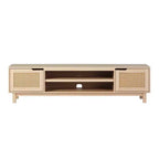 Meuble TV de rangement moderne Boho avec portes en rotin pour TV jusqu'à 80 pouces, chêne côtier