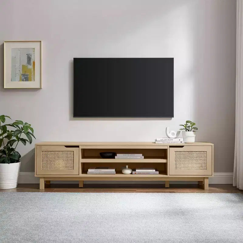 Meuble TV de rangement moderne Boho avec portes en rotin pour TV jusqu'à 80 pouces, chêne côtier