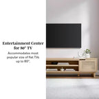 Meuble TV de rangement moderne Boho avec portes en rotin pour TV jusqu'à 80 pouces, chêne côtier