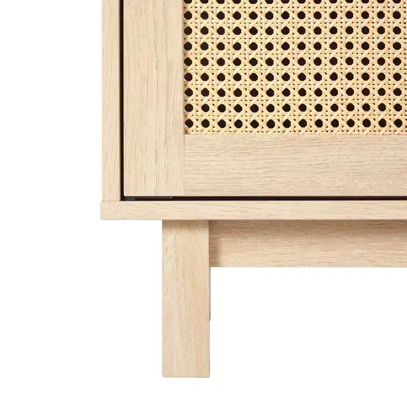 Meuble TV de rangement moderne Boho avec portes en rotin pour TV jusqu'à 80 pouces, chêne côtier