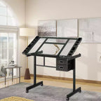 GDFStudio Magdalena – Table à dessin moderne en métal réglable avec plateau en verre trempé, 2 tiroirs en tissu et 4 roulettes