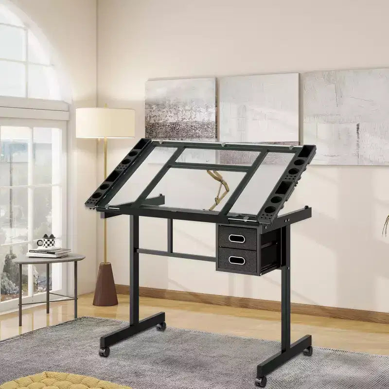 GDFStudio Magdalena – Table à dessin moderne en métal réglable avec plateau en verre trempé, 2 tiroirs en tissu et 4 roulettes