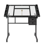 GDFStudio Magdalena – Table à dessin moderne en métal réglable avec plateau en verre trempé, 2 tiroirs en tissu et 4 roulettes