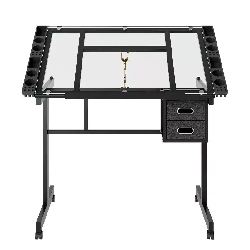 GDFStudio Magdalena – Table à dessin moderne en métal réglable avec plateau en verre trempé, 2 tiroirs en tissu et 4 roulettes