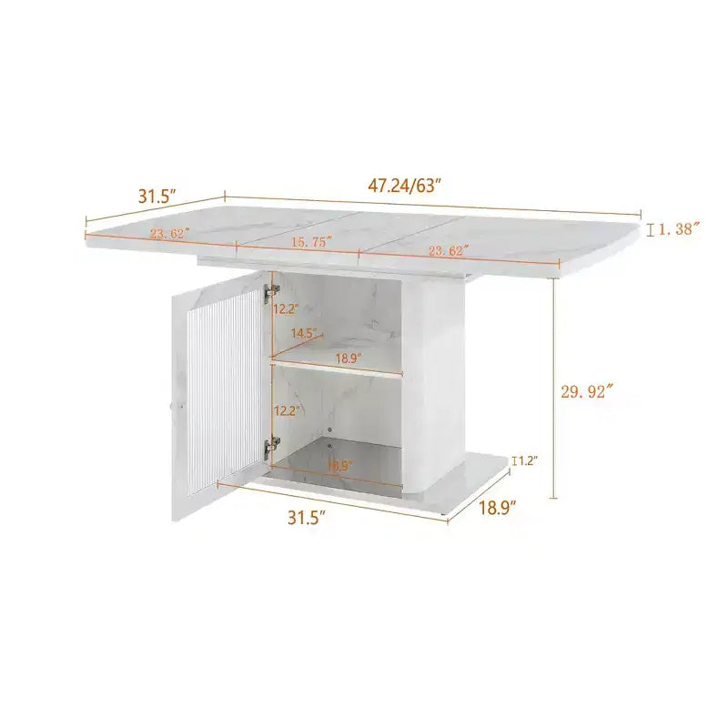 47.24-63Table à manger rectangulaire moderne, extensible, avec plateau en marbre blanc imprimé + pied de table avec rangement et base en métal