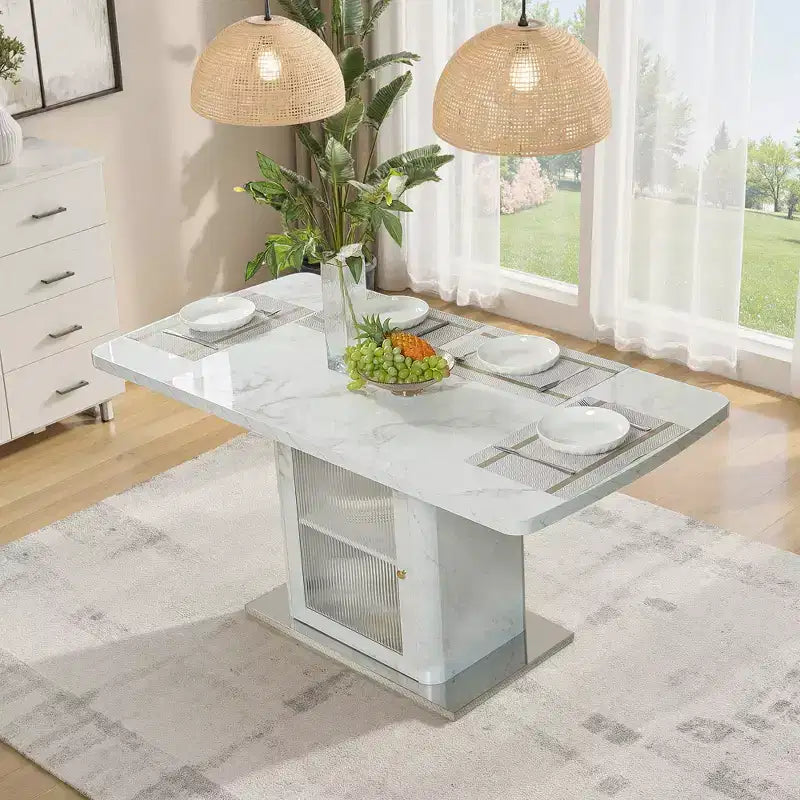 47.24-63Table à manger rectangulaire moderne, extensible, avec plateau en marbre blanc imprimé + pied de table avec rangement et base en métal