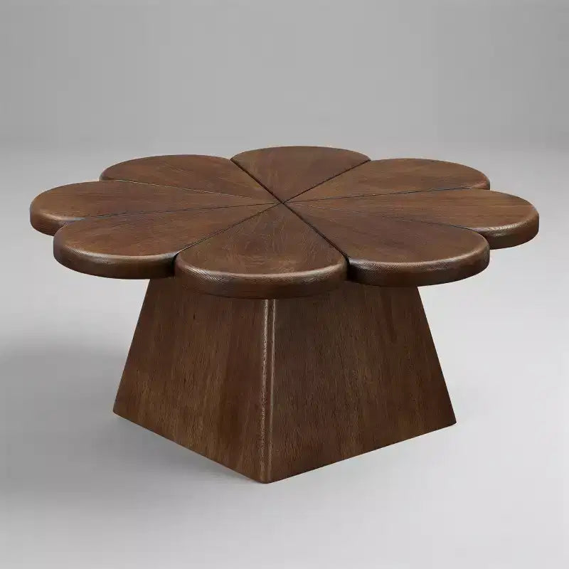 Table basse moderne Art Leon, table centrale ronde en forme de pétale avec base en bois d'hévéa pour salon