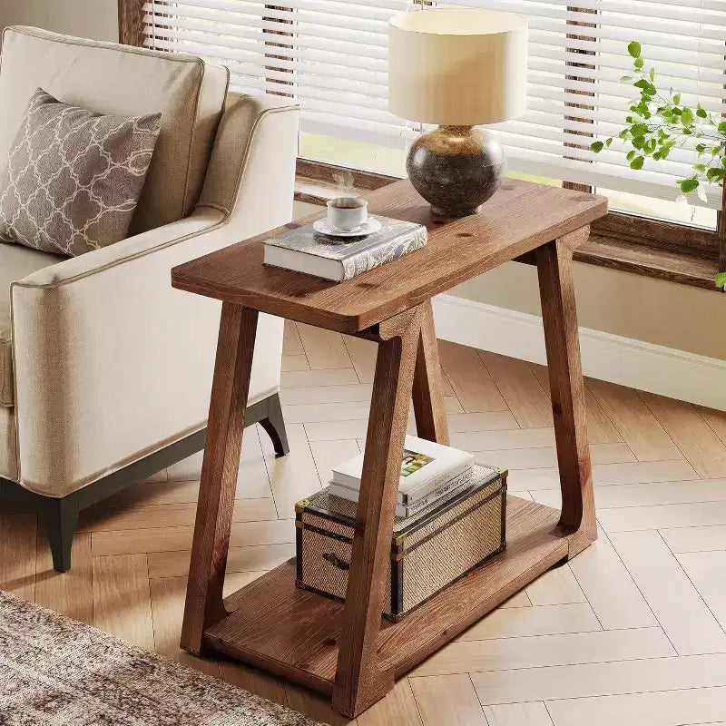 Table d'appoint à 2 niveaux en bois massif Lantine, table d'appoint étroite rectangulaire de style rustique avec base trapézoïdale pour salon, assemblage facile