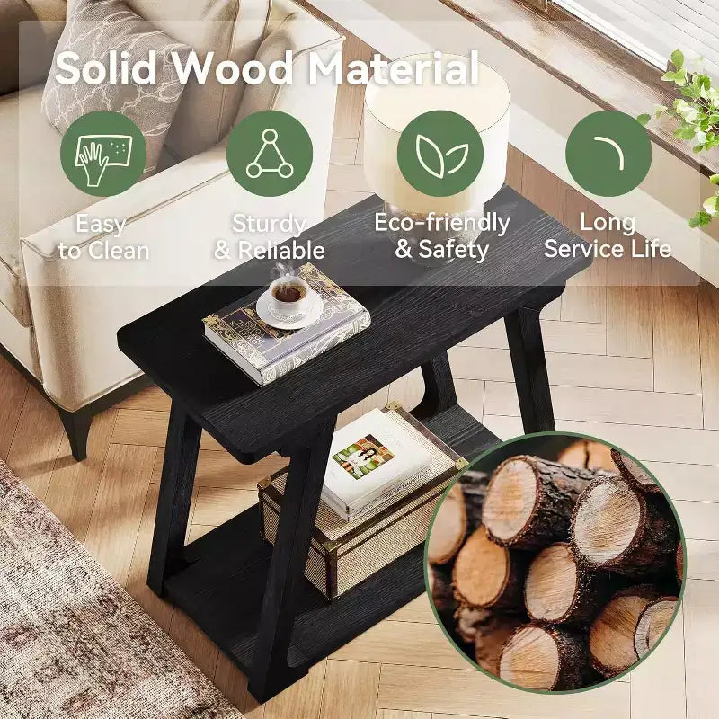 Table d'appoint à 2 niveaux en bois massif Lantine, table d'appoint étroite rectangulaire de style rustique avec base trapézoïdale pour salon, assemblage facile