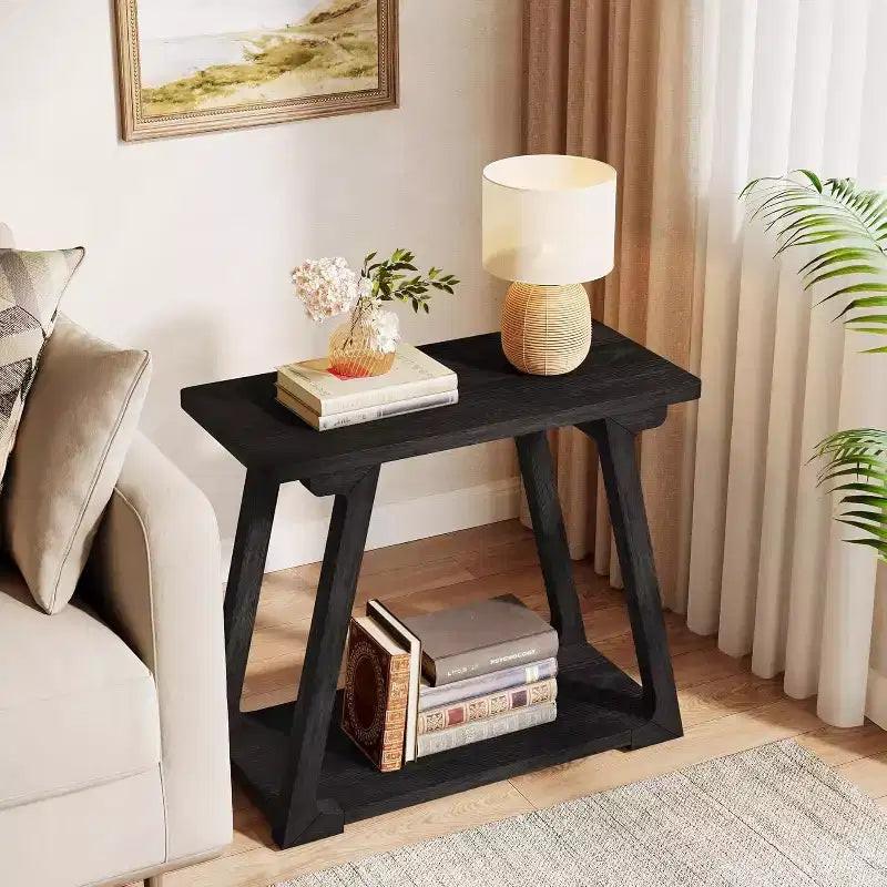 Table d'appoint à 2 niveaux en bois massif Lantine, table d'appoint étroite rectangulaire de style rustique avec base trapézoïdale pour salon, assemblage facile