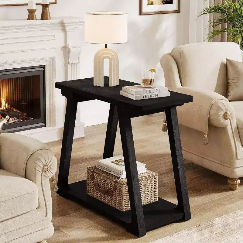 Table d'appoint à 2 niveaux en bois massif Lantine, table d'appoint étroite rectangulaire de style rustique avec base trapézoïdale pour salon, assemblage facile