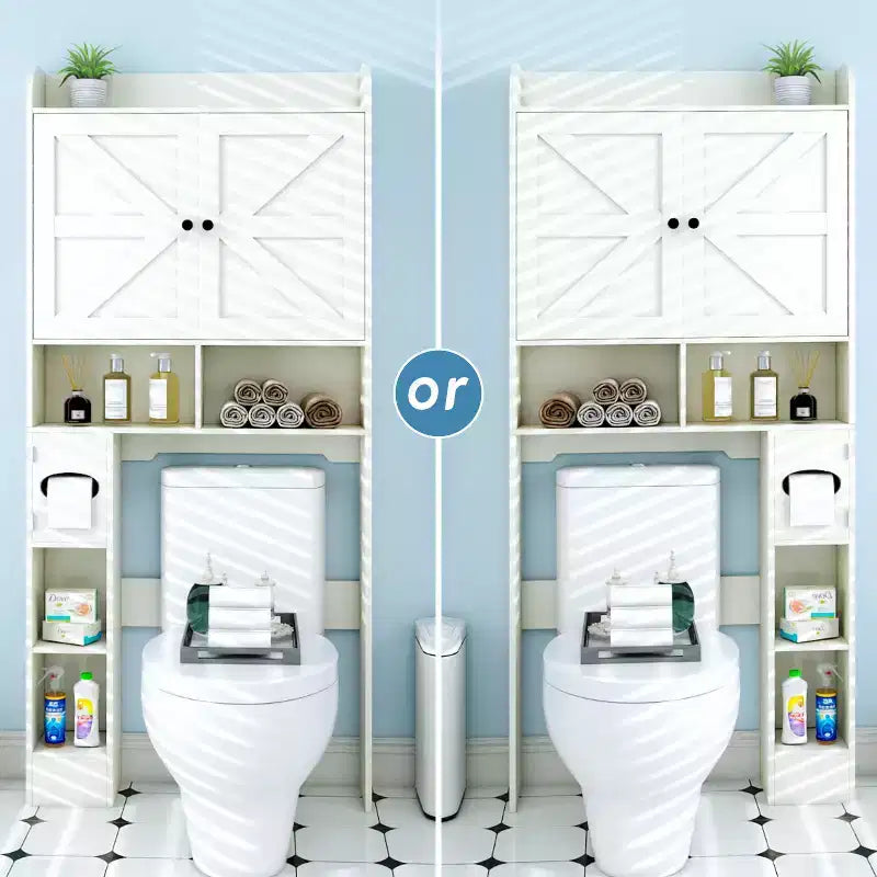 Meuble de rangement Dyonery au-dessus des toilettes avec portes de grange, organisateur de salle de bain peu encombrant de style ferme avec porte-papier toilette et étagère réglable