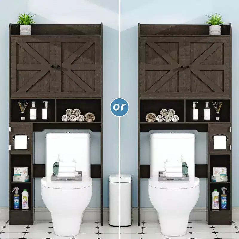 Meuble de rangement Dyonery au-dessus des toilettes avec portes de grange, organisateur de salle de bain peu encombrant de style ferme avec porte-papier toilette et étagère réglable