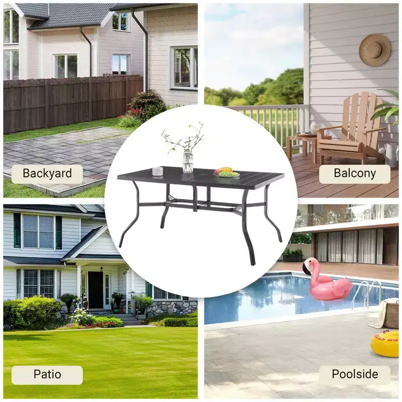 Laukingdom Table de salle à manger d'extérieur en acier avec trou pour parasol et plateau rainuré pour 6 personnes