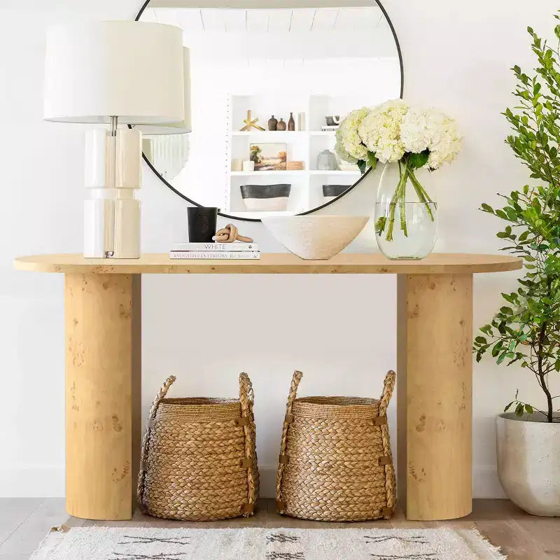 Console d'entrée ovale moderne de 60" avec grain de bois de loupe et pieds demi-cercle, table de canapé pour foyer, couloir ou salon-Panipeachy