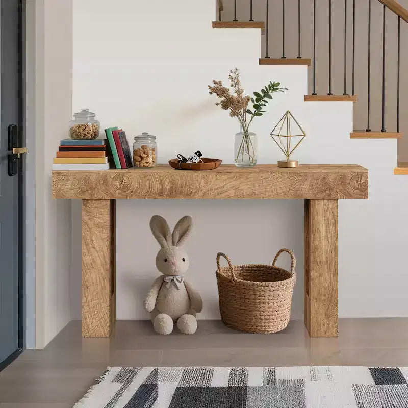 Longue table de canapé derrière un canapé, table console de ferme de 160 cm pour entrée de salon, table de couloir en bois avec finition rustique en chêne naturel