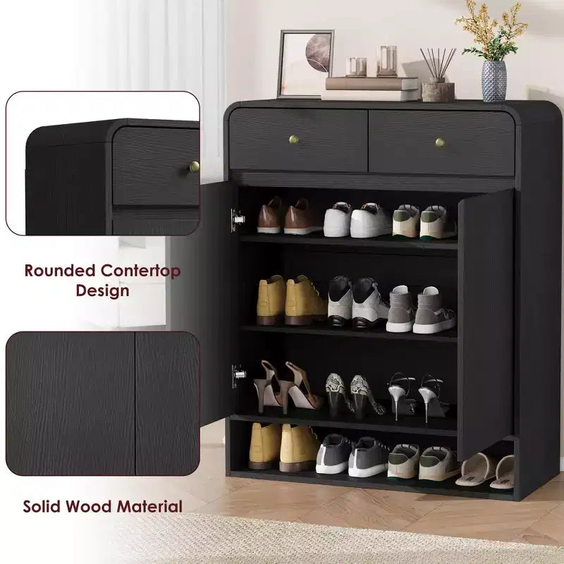 Meuble de rangement pour chaussures de 80 cm avec 2 portes et 2 tiroirs, étagères réglables, organisateur en bois autoportant pour entrée, couloir
