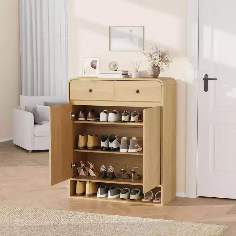 Meuble de rangement pour chaussures de 80 cm avec 2 portes et 2 tiroirs, étagères réglables, organisateur en bois autoportant pour entrée, couloir