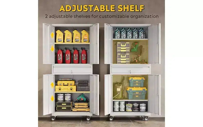 DEXYLLO Armoire de rangement de garage en métal avec portes verrouillables et étagères flexibles, armoire à outils roulante avec tiroir pour garage, entrepôt, maison, blanc