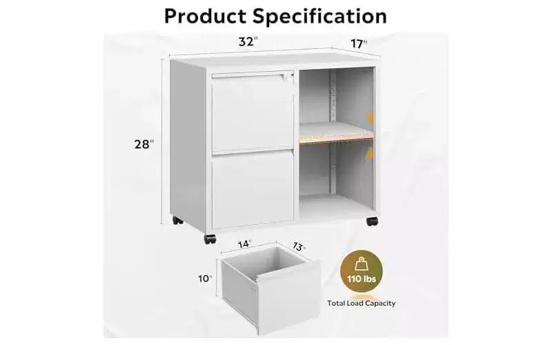 DEXYLLO Classeur Métallique à Tiroirs Latéraux avec Serrure, Meuble d'Imprimante Roulant à 2 Tiroirs avec Étagère, Meuble de Rangement Mobile pour Bureau à Domicile