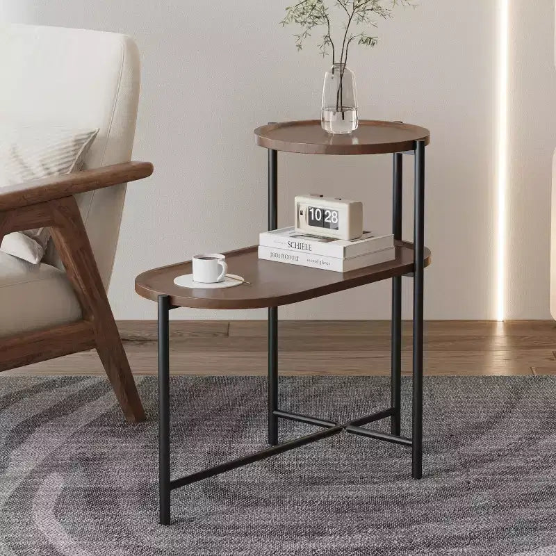Walnut Brown 2-Tier Small Coffee Table, Wood Storage Shelf Metal Frame Sofa Side End Table for Living Room