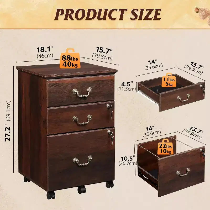 Classeur DEXYLLO 2 tiroirs, petit meuble de bureau avec serrure, meuble de classement roulant sous le bureau pour bureau à domicile