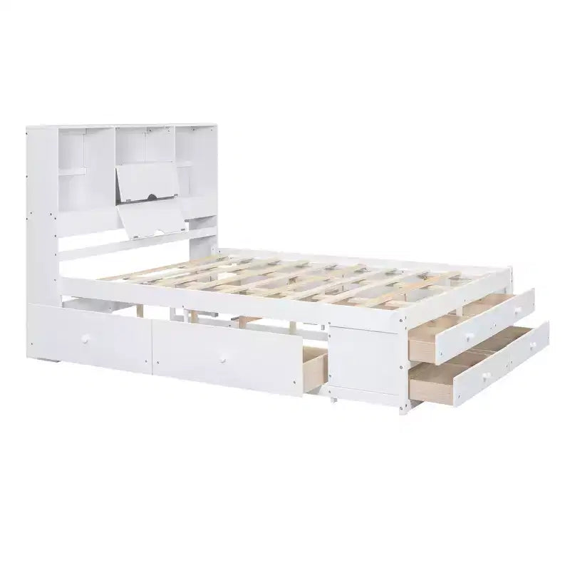 Lit plateforme queen size FAMYYT avec étagère de rangement et 8 tiroirs, facile à monter