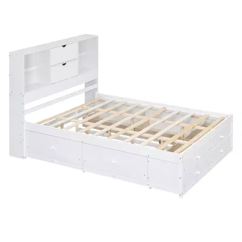 Lit plateforme queen size FAMYYT avec étagère de rangement et 8 tiroirs, facile à monter