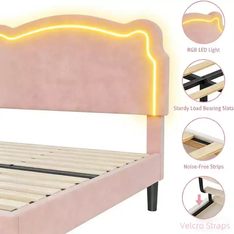 Cadre de lit simple rembourré à LED avec tête de lit pour enfants