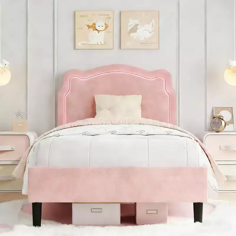 Cadre de lit simple rembourré à LED avec tête de lit pour enfants