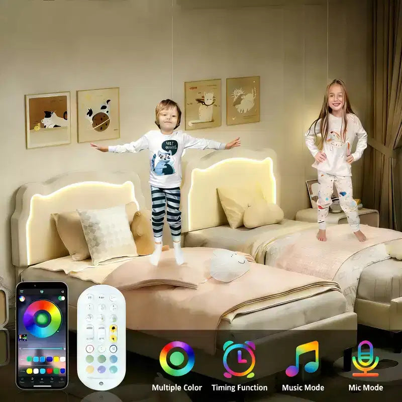 Cadre de lit simple rembourré à LED avec tête de lit pour enfants
