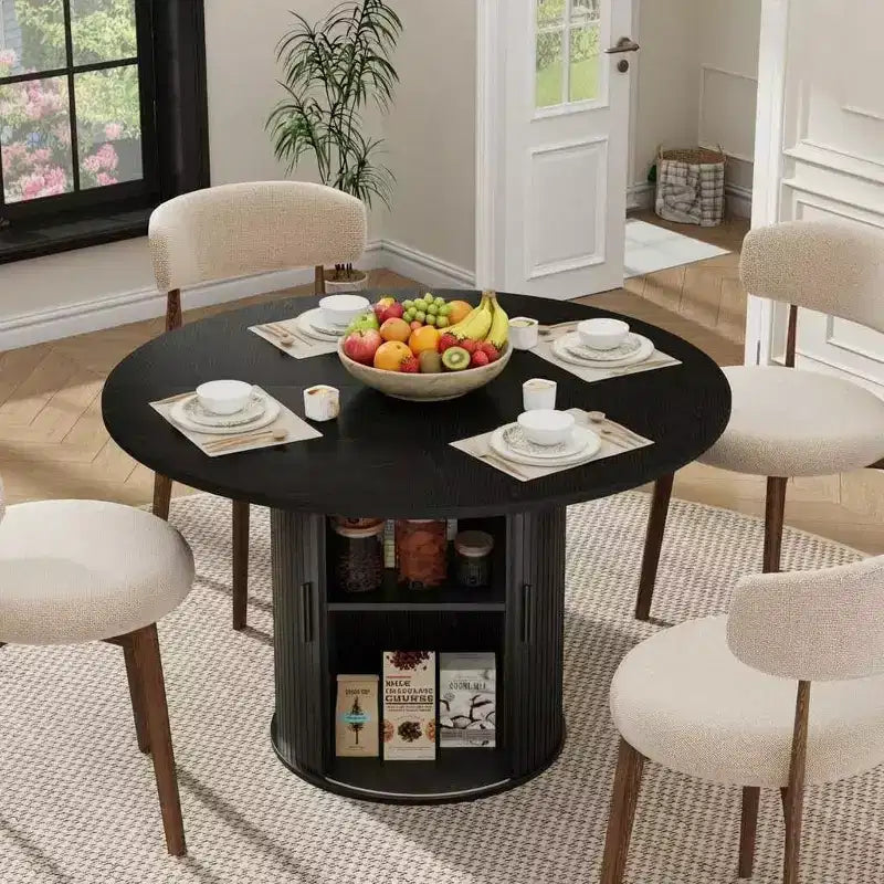 Table à manger ronde moderne de 120 cm pour 4 avec étagère de rangement à 2 niveaux et porte coulissante en bois, table de cuisine et de salle à manger peu encombrante pour appartement