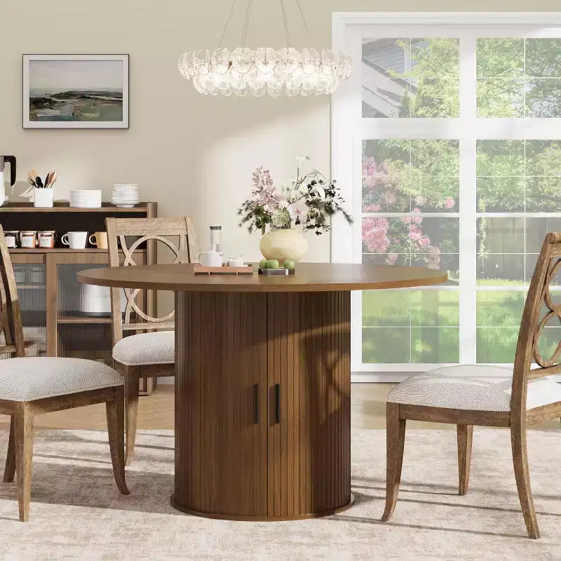 Table à manger ronde moderne de 120 cm pour 4 avec étagère de rangement à 2 niveaux et porte coulissante en bois, table de cuisine et de salle à manger peu encombrante pour appartement