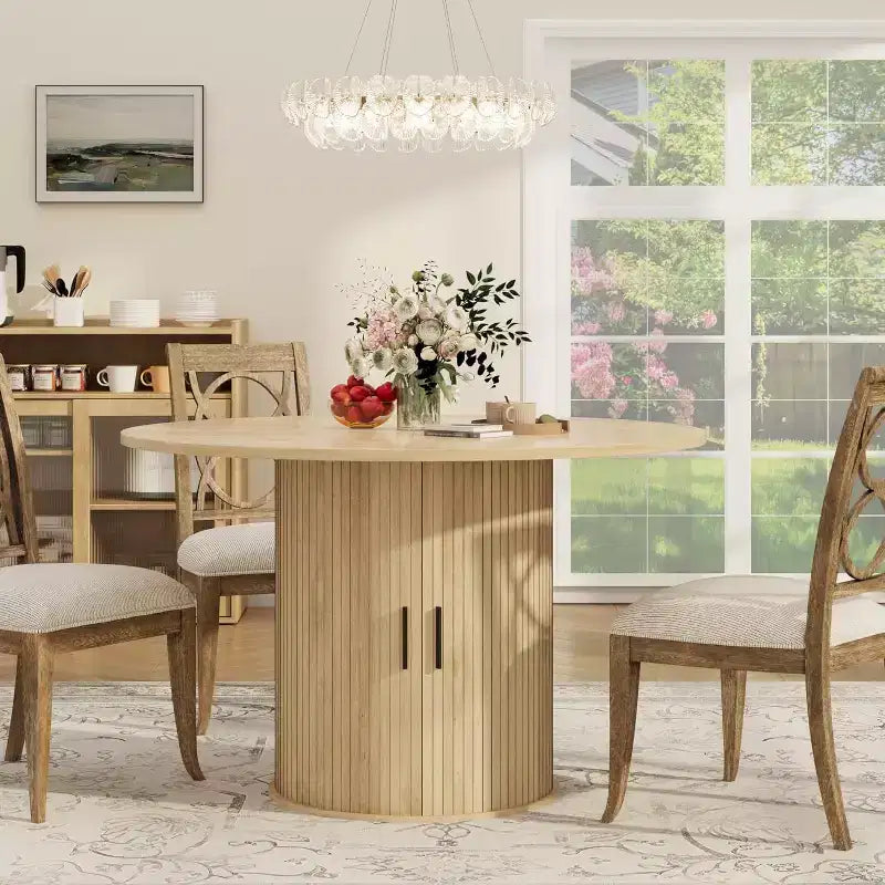 Table à manger ronde moderne de 120 cm pour 4 avec étagère de rangement à 2 niveaux et porte coulissante en bois, table de cuisine et de salle à manger peu encombrante pour appartement