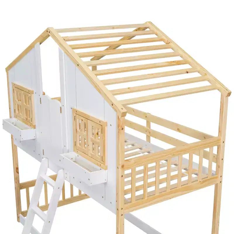 Lit superposé cabane jumeau sur jumeau avec fenêtres et portes, lit cabane en bois blanc avec échelle de sécurité et balustrades