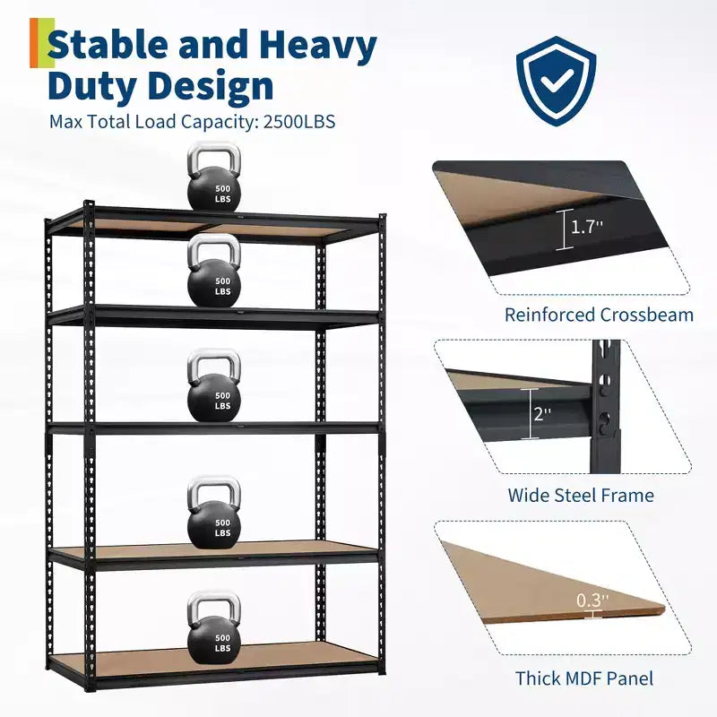 Étagère de Rangement de Garage Robuste à 5 Niveaux, Unité d'Étagères Métalliques Réglables, Capacité de 1134 kg, 122 x 46 x 183 cm, Cadre en Acier Sans Boulons, Panneaux MDF