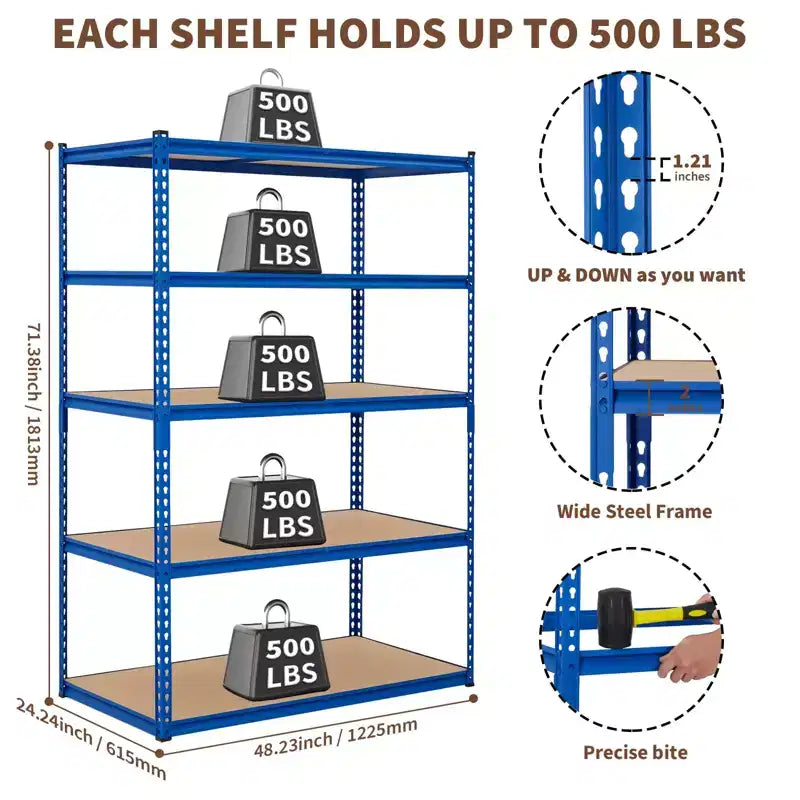 Étagère de Rangement de Garage Robuste à 5 Niveaux, Unité d'Étagères Métalliques Réglables, Capacité de 1134 kg, 122 x 46 x 183 cm, Cadre en Acier Sans Boulons, Panneaux MDF