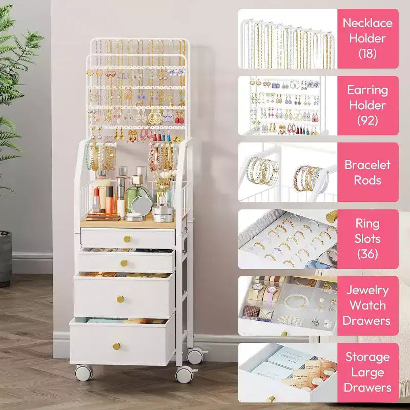 Grand support organiseur de bijoux, tour multifonctionnelle pour colliers boucles d'oreilles bagues bracelets, support mobile avec 4 tiroirs non tissés pour chambre, blanc