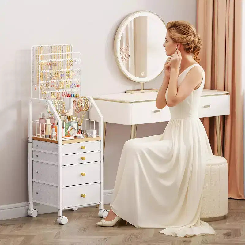 Grand support organiseur de bijoux, tour multifonctionnelle pour colliers boucles d'oreilles bagues bracelets, support mobile avec 4 tiroirs non tissés pour chambre, blanc