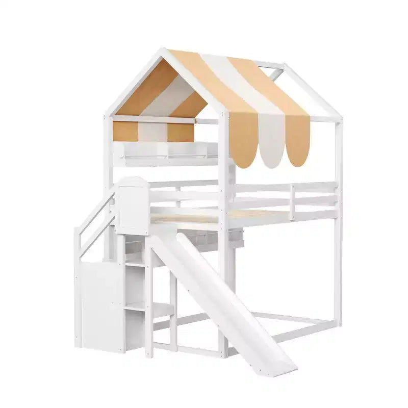 Lit cabane pleine grandeur avec baldaquin et toboggan pour enfants, lit mezzanine en bois avec étagères intégrées et escalier de rangement