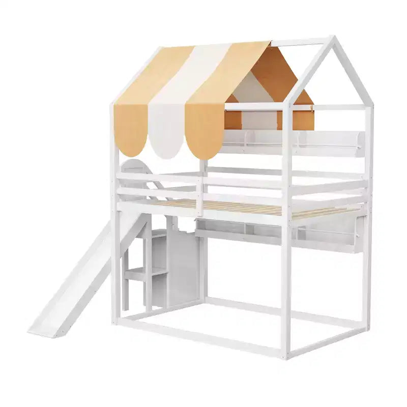 Lit cabane pleine grandeur avec baldaquin et toboggan pour enfants, lit mezzanine en bois avec étagères intégrées et escalier de rangement