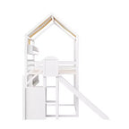 Lit cabane pleine grandeur avec baldaquin et toboggan pour enfants, lit mezzanine en bois avec étagères intégrées et escalier de rangement