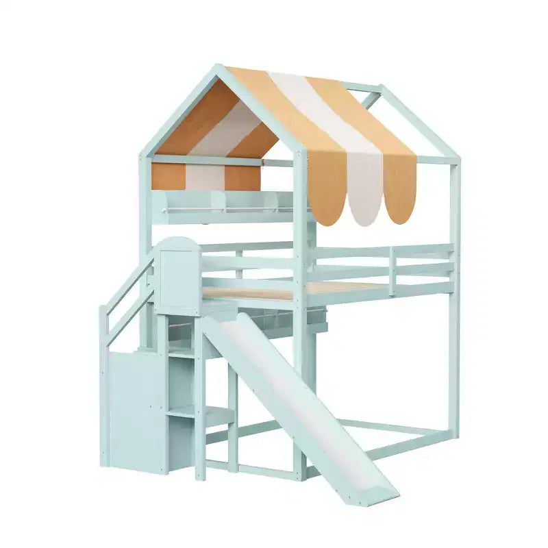 Lit cabane pleine grandeur avec baldaquin et toboggan pour enfants, lit mezzanine en bois avec étagères intégrées et escalier de rangement