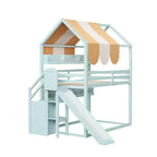Lit cabane pleine grandeur avec baldaquin et toboggan pour enfants, lit mezzanine en bois avec étagères intégrées et escalier de rangement