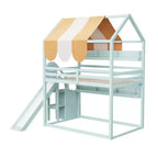 Lit cabane pleine grandeur avec baldaquin et toboggan pour enfants, lit mezzanine en bois avec étagères intégrées et escalier de rangement
