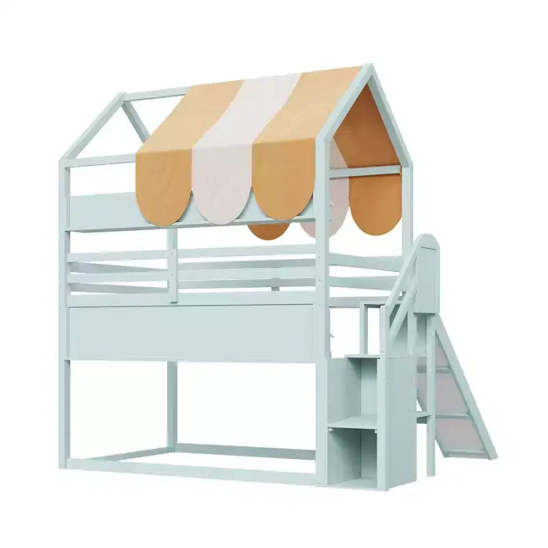 Lit cabane pleine grandeur avec baldaquin et toboggan pour enfants, lit mezzanine en bois avec étagères intégrées et escalier de rangement