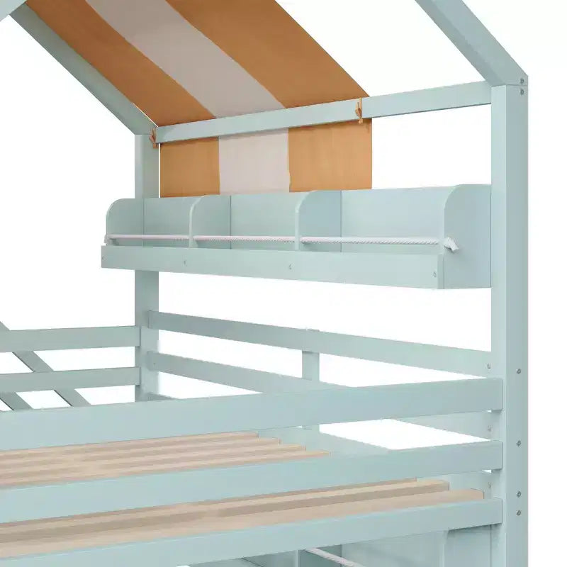 Lit cabane pleine grandeur avec baldaquin et toboggan pour enfants, lit mezzanine en bois avec étagères intégrées et escalier de rangement