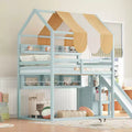 Full Size House Bed with Canopy and Slide for Kids, Wood Loft Bed with Built-in Bookshelves and Storage Staircase
