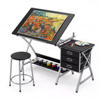 Adjustable Drafting Table with Stool, Drawing Table with Tiltable Tabletop & 3 Storage Drawers, Painting Studio Work Station, Art Desk for Drafting