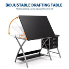 Table à Dessin Réglable avec Tabouret, Table à Dessin avec Plateau Inclinable et 3 Tiroirs de Rangement, Poste de Travail de Studio de Peinture, Bureau d'Art pour le Dessin Technique